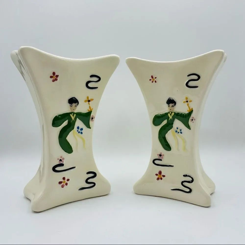 Vintage MCM Asian Dancer Vases Ceramic